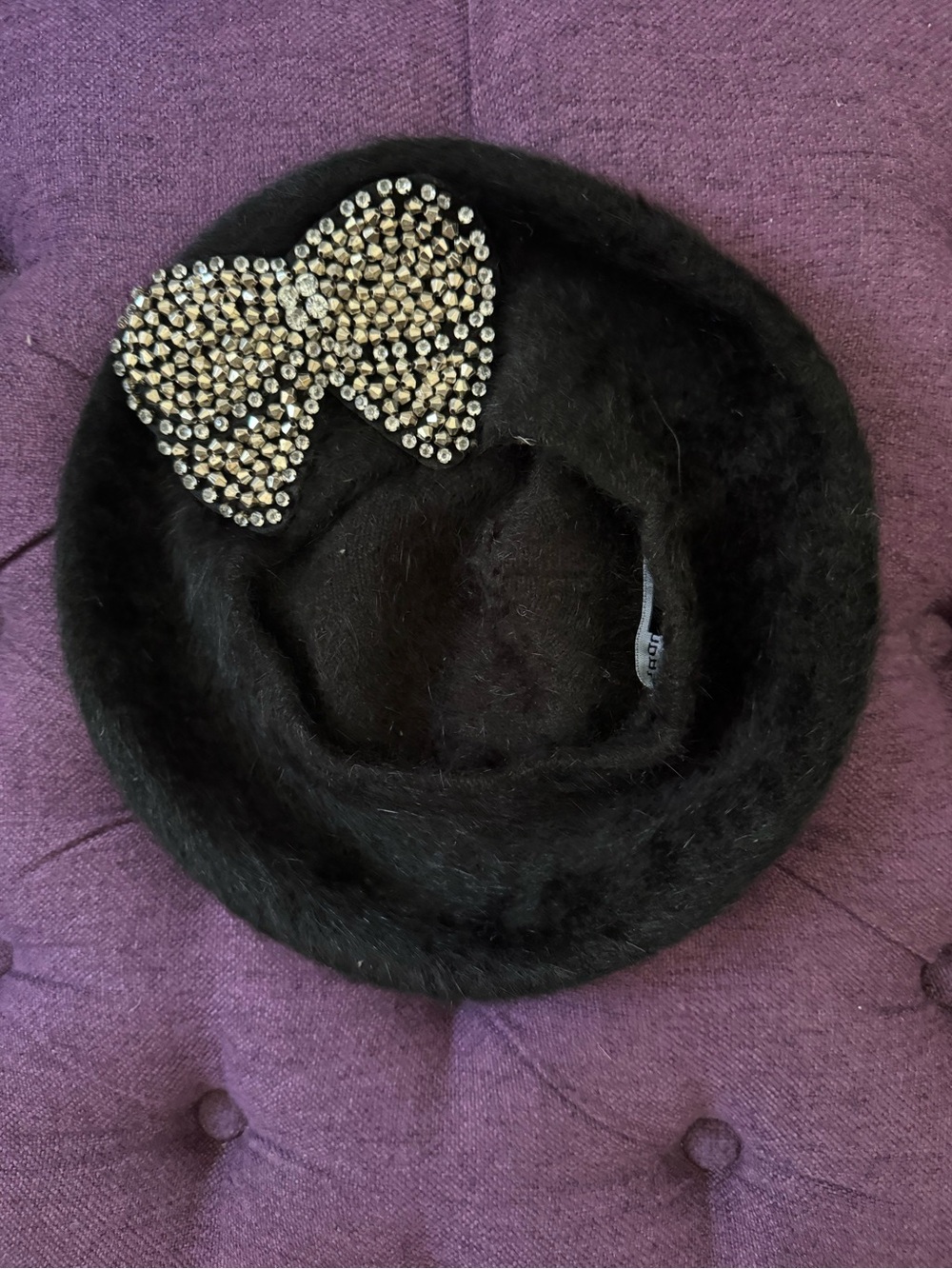 Chinese Laundry Black Faux Fur Beret with Rhinestone Bow Accent